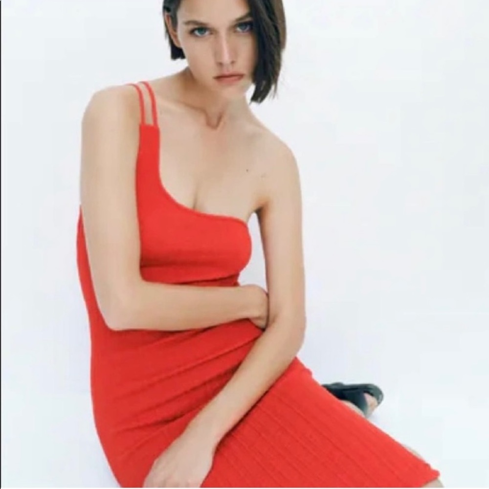 Zara red asymmetric cable knit dress.
